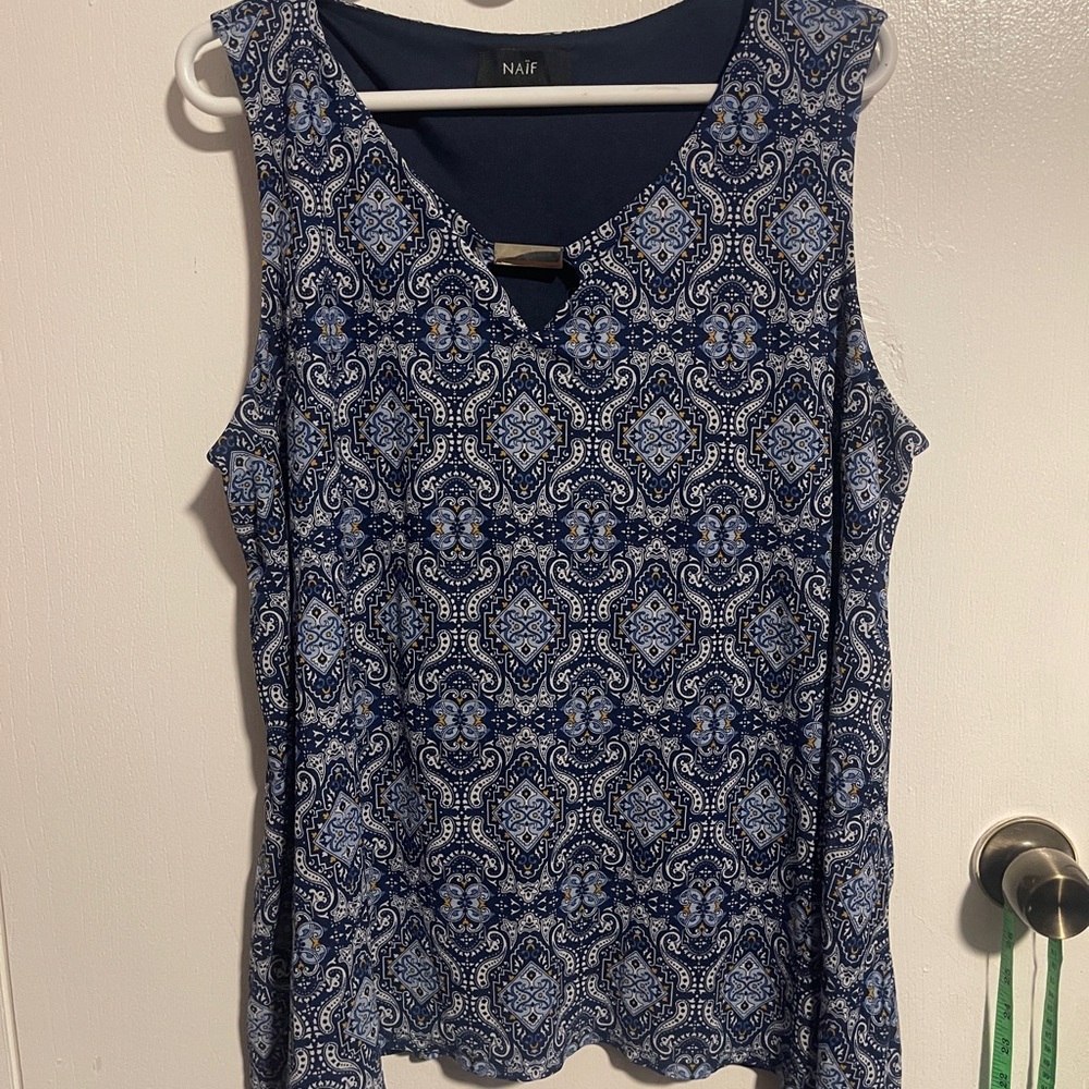 NAIF Top Womans Plus 2x Blue geometric Flowy Layered Sleeveless Coastal Resort